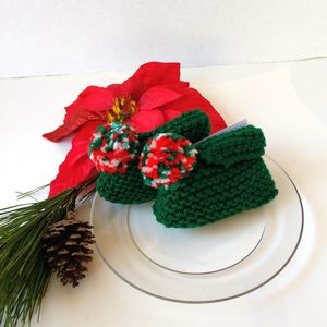 Baby Booties Hand Crafted Slippers Christmas Shoes Pompom Red White Green